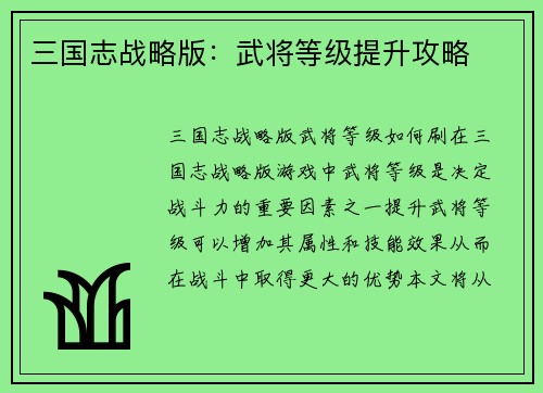 三国志战略版：武将等级提升攻略